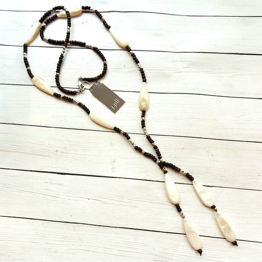 NEW NWT J. Jill AbaloneShell Wooden Bead Long Lariat Necklace $49 Retail Tag